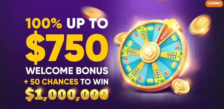 Spin the wheel and get a welcome bonus up to 750 dollars plus 50 chances to win a million