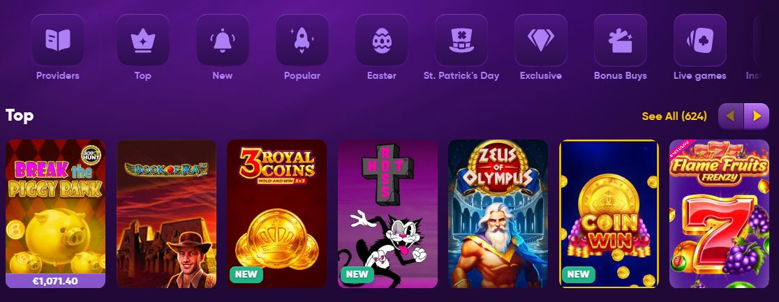 Search for your favourite slots across top, new, popular and exclusive game categories