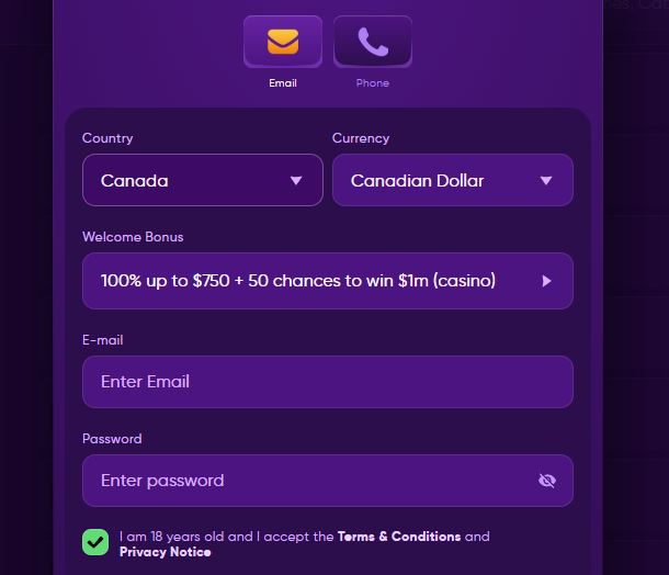 Register a new account and claim a welcome bonus of 100% up to 750 dollars 